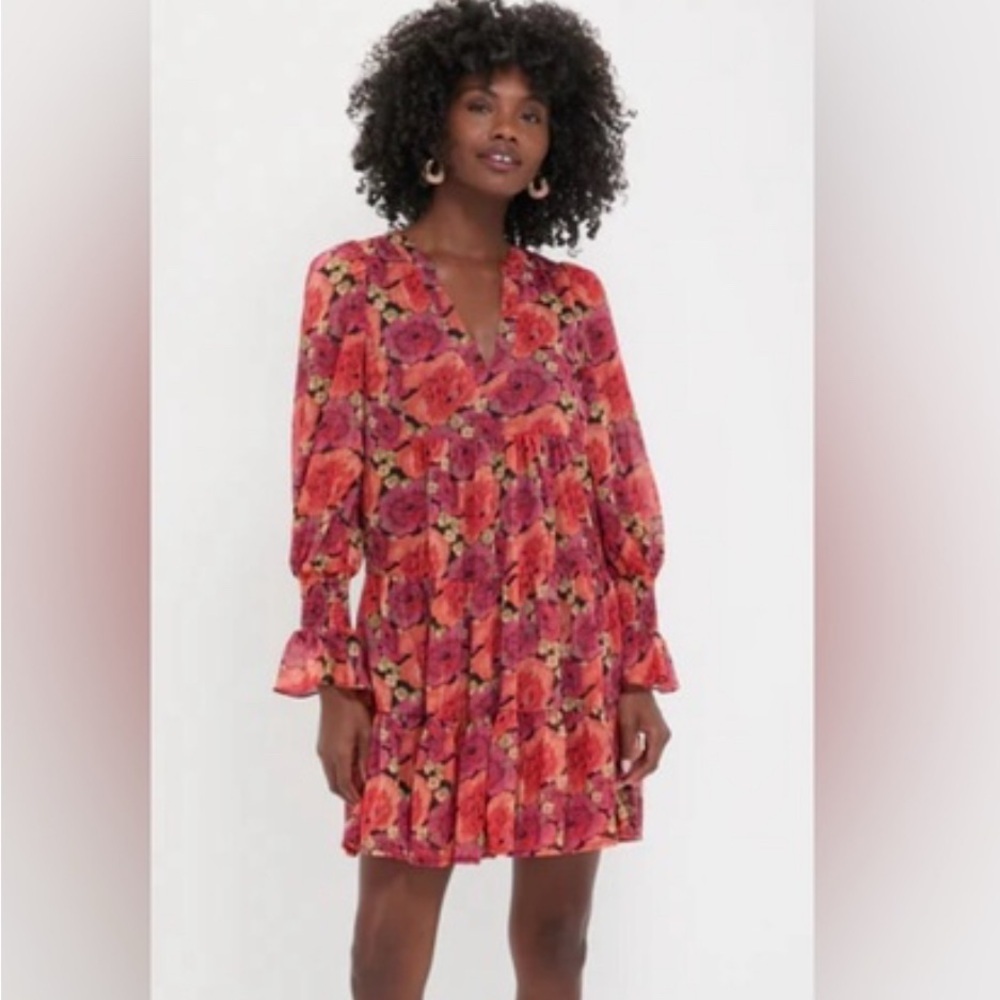POMANDER PLACE Rose Chiffon Kenzo Dress XS Tuckernuck Tiered Metallic Floral